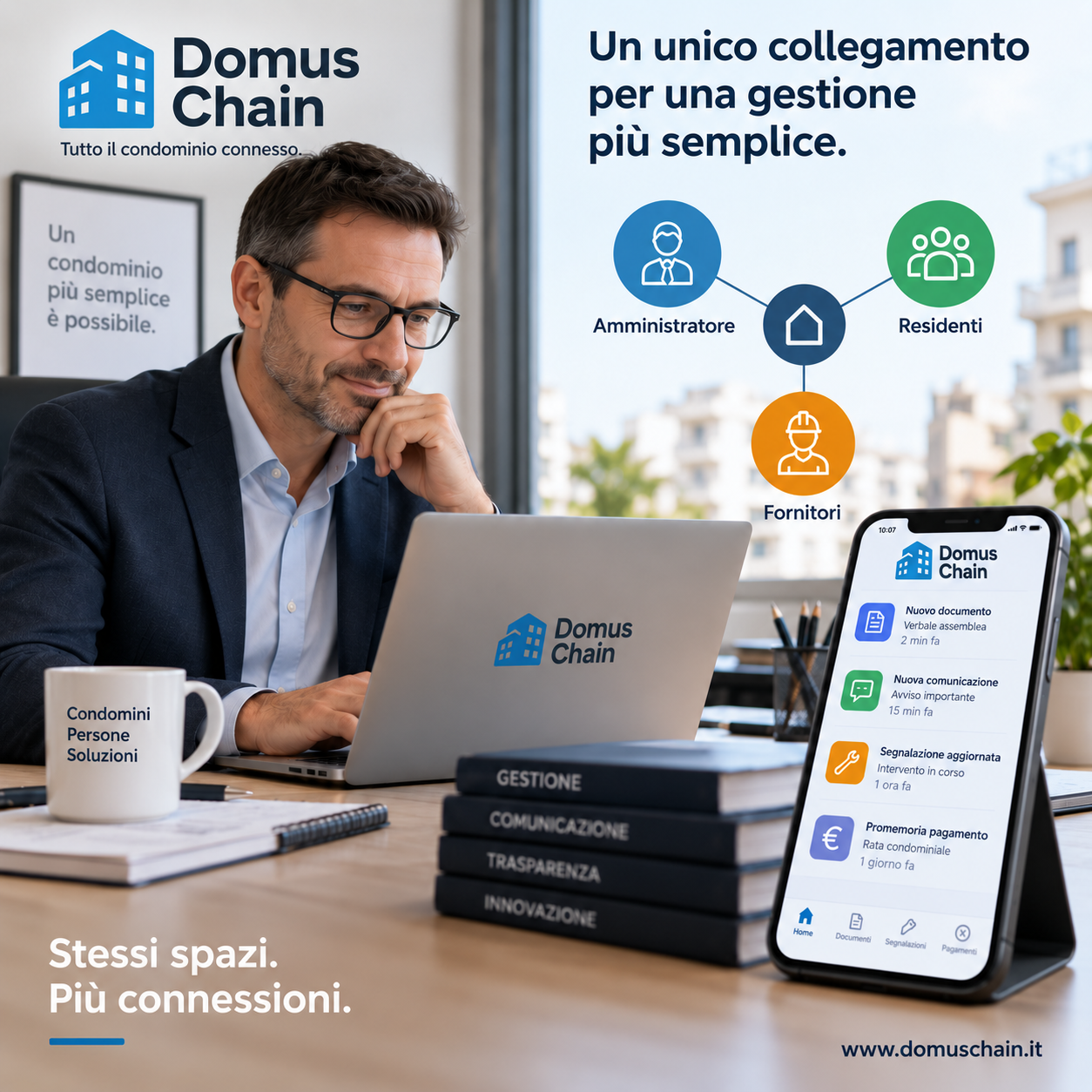 Domus Chain, piattaforma digitale per il condominio che collega amministratore, residenti e fornitori in un unico ambiente connesso.